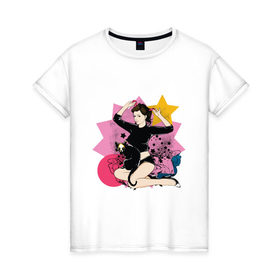 Женская футболка хлопок с принтом девушка с кошкой в Белгороде, 100% хлопок | прямой крой, круглый вырез горловины, длина до линии бедер, слегка спущенное плечо | девушка | девушкам | для девушек | киса | кошечка | кошка | черная кошка