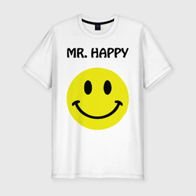 Мужская футболка премиум с принтом мистер счастье в Белгороде, 92% хлопок, 8% лайкра | приталенный силуэт, круглый вырез ворота, длина до линии бедра, короткий рукав | happy | mr. happy | smile | мистер хэппи | рожица | смайл | смайлик | счастье
