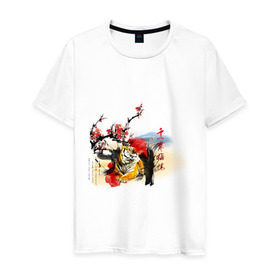 Мужская футболка хлопок с принтом Тигр принт в Белгороде, 100% хлопок | прямой крой, круглый вырез горловины, длина до линии бедер, слегка спущенное плечо. | азия | восток | китай | сакура | тигр | туристические | цветущая сакура