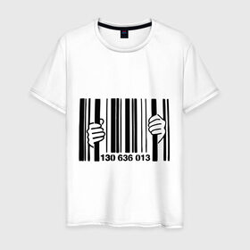 Мужская футболка хлопок с принтом штрих код тюрьма в Белгороде, 100% хлопок | прямой крой, круглый вырез горловины, длина до линии бедер, слегка спущенное плечо. | руки штрих код | штрих код