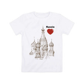 Детская футболка хлопок с принтом Люблю Россию (Кремль) в Белгороде, 100% хлопок | круглый вырез горловины, полуприлегающий силуэт, длина до линии бедер | moscow | russia | государство | москва | патриот | родина | россия | страна | я русский