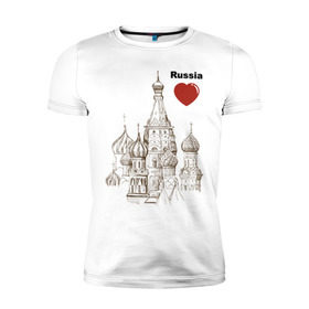 Мужская футболка премиум с принтом Люблю Россию (Кремль) в Белгороде, 92% хлопок, 8% лайкра | приталенный силуэт, круглый вырез ворота, длина до линии бедра, короткий рукав | moscow | russia | государство | москва | патриот | родина | россия | страна | я русский
