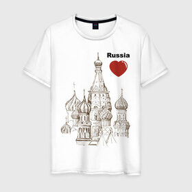 Мужская футболка хлопок с принтом Люблю Россию (Кремль) в Белгороде, 100% хлопок | прямой крой, круглый вырез горловины, длина до линии бедер, слегка спущенное плечо. | moscow | russia | государство | москва | патриот | родина | россия | страна | я русский
