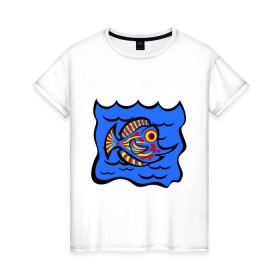 Женская футболка хлопок с принтом Рыба принт в Белгороде, 100% хлопок | прямой крой, круглый вырез горловины, длина до линии бедер, слегка спущенное плечо | знаки зодиак | зодиак | рыба | рыбалка | рыбка | рыбы