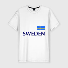 Мужская футболка премиум с принтом Сборная Швеции - 10 в Белгороде, 92% хлопок, 8% лайкра | приталенный силуэт, круглый вырез ворота, длина до линии бедра, короткий рукав | Тематика изображения на принте: football | сборная швеции | флаг швеции | футбол | швеция