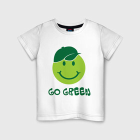 Детская футболка хлопок с принтом Грин смайл в Белгороде, 100% хлопок | круглый вырез горловины, полуприлегающий силуэт, длина до линии бедер | eco | go green | green | зеленые технологии | зелень | планета | смайл | смайлик | чистота | эко | экология