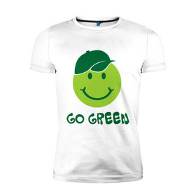 Мужская футболка премиум с принтом Грин смайл в Белгороде, 92% хлопок, 8% лайкра | приталенный силуэт, круглый вырез ворота, длина до линии бедра, короткий рукав | eco | go green | green | зеленые технологии | зелень | планета | смайл | смайлик | чистота | эко | экология