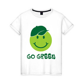 Женская футболка хлопок с принтом Грин смайл в Белгороде, 100% хлопок | прямой крой, круглый вырез горловины, длина до линии бедер, слегка спущенное плечо | eco | go green | green | зеленые технологии | зелень | планета | смайл | смайлик | чистота | эко | экология