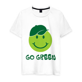 Мужская футболка хлопок с принтом Грин смайл в Белгороде, 100% хлопок | прямой крой, круглый вырез горловины, длина до линии бедер, слегка спущенное плечо. | eco | go green | green | зеленые технологии | зелень | планета | смайл | смайлик | чистота | эко | экология