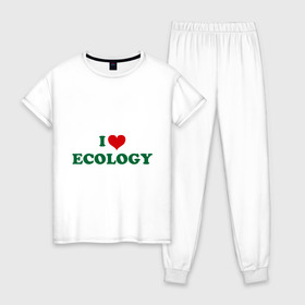 Женская пижама хлопок с принтом Люблю экологию в Белгороде, 100% хлопок | брюки и футболка прямого кроя, без карманов, на брюках мягкая резинка на поясе и по низу штанин | eco | i love ecology | зеленые технологии | зелень | планета | чистота | эко | экология | я люблю экологию