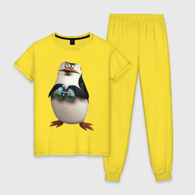 Женская пижама хлопок с принтом Пингвин с биноклем в Белгороде, 100% хлопок | брюки и футболка прямого кроя, без карманов, на брюках мягкая резинка на поясе и по низу штанин | пингвин