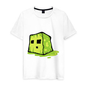 Мужская футболка хлопок с принтом Slime в Белгороде, 100% хлопок | прямой крой, круглый вырез горловины, длина до линии бедер, слегка спущенное плечо. | minecraft | игры | кубик | майнкрафт | смайлик