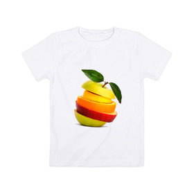 Детская футболка хлопок с принтом мега яблоко в Белгороде, 100% хлопок | круглый вырез горловины, полуприлегающий силуэт, длина до линии бедер | Тематика изображения на принте: апельсин | брызги | вода | лимон | фрукты | яблоко