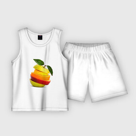 Детская пижама с шортами хлопок с принтом мега яблоко в Белгороде,  |  | Тематика изображения на принте: апельсин | брызги | вода | лимон | фрукты | яблоко