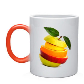 Кружка хамелеон с принтом мега яблоко в Белгороде, керамика | меняет цвет при нагревании, емкость 330 мл | Тематика изображения на принте: апельсин | брызги | вода | лимон | фрукты | яблоко