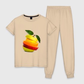 Женская пижама хлопок с принтом мега яблоко в Белгороде, 100% хлопок | брюки и футболка прямого кроя, без карманов, на брюках мягкая резинка на поясе и по низу штанин | Тематика изображения на принте: апельсин | брызги | вода | лимон | фрукты | яблоко