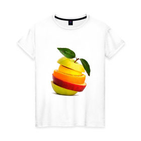 Женская футболка хлопок с принтом мега яблоко в Белгороде, 100% хлопок | прямой крой, круглый вырез горловины, длина до линии бедер, слегка спущенное плечо | апельсин | брызги | вода | лимон | фрукты | яблоко