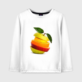 Детский лонгслив хлопок с принтом мега яблоко в Белгороде, 100% хлопок | круглый вырез горловины, полуприлегающий силуэт, длина до линии бедер | Тематика изображения на принте: апельсин | брызги | вода | лимон | фрукты | яблоко