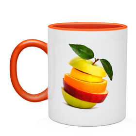 Кружка двухцветная с принтом мега яблоко в Белгороде, керамика | объем — 330 мл, диаметр — 80 мм. Цветная ручка и кайма сверху, в некоторых цветах — вся внутренняя часть | Тематика изображения на принте: апельсин | брызги | вода | лимон | фрукты | яблоко