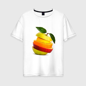 Женская футболка хлопок Oversize с принтом мега яблоко в Белгороде, 100% хлопок | свободный крой, круглый ворот, спущенный рукав, длина до линии бедер
 | Тематика изображения на принте: апельсин | брызги | вода | лимон | фрукты | яблоко