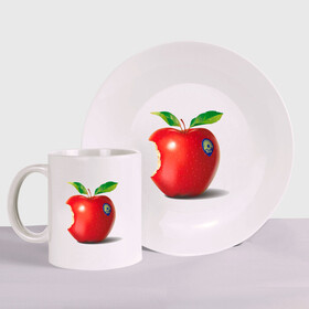 Набор: тарелка + кружка с принтом откусанное яблоко в Белгороде, керамика | Кружка: объем — 330 мл, диаметр — 80 мм. Принт наносится на бока кружки, можно сделать два разных изображения. 
Тарелка: диаметр - 210 мм, диаметр для нанесения принта - 120 мм. | Тематика изображения на принте: apple | вкусное | девушкам | фрукты | фрукты и ягоды | яблоко