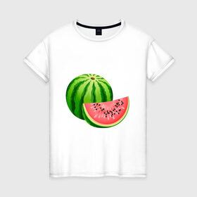Женская футболка хлопок с принтом Арбуз и долька в Белгороде, 100% хлопок | прямой крой, круглый вырез горловины, длина до линии бедер, слегка спущенное плечо | арбуз | вкусное | девушкам | долька | фрукты | фрукты и ягоды