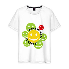 Мужская футболка хлопок с принтом не беспокойся, будь счастлив! в Белгороде, 100% хлопок | прямой крой, круглый вырез горловины, длина до линии бедер, слегка спущенное плечо. | dont worry | настроение | позитив | смайлик | улыбка | цветочек