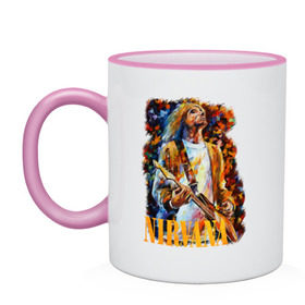 Кружка двухцветная с принтом Nirvana Kurt Cobain в Белгороде, керамика | объем — 330 мл, диаметр — 80 мм. Цветная ручка и кайма сверху, в некоторых цветах — вся внутренняя часть | kurt cobain | nirvana | курт кобейн | нирвана