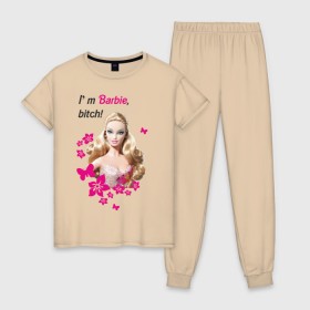 Женская пижама хлопок с принтом I\m Barbie, bitch в Белгороде, 100% хлопок | брюки и футболка прямого кроя, без карманов, на брюках мягкая резинка на поясе и по низу штанин | 90 | 90 е | barbie | барби | кукла | ностальгия