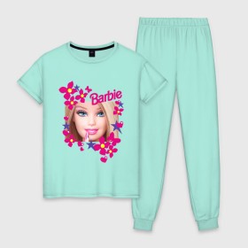Женская пижама хлопок с принтом Барби красавица в Белгороде, 100% хлопок | брюки и футболка прямого кроя, без карманов, на брюках мягкая резинка на поясе и по низу штанин | 90 | 90 е | barbie | барби | ностальгия