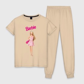 Женская пижама хлопок с принтом Барби на прогулке в Белгороде, 100% хлопок | брюки и футболка прямого кроя, без карманов, на брюках мягкая резинка на поясе и по низу штанин | 90 | 90 е | barbie | барби | ностальгия