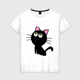 Женская футболка хлопок с принтом Маленький котенок в Белгороде, 100% хлопок | прямой крой, круглый вырез горловины, длина до линии бедер, слегка спущенное плечо | киса | котенок | котик | кошка | черная кошка | черный кот