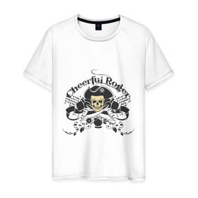Мужская футболка хлопок с принтом Cheerful Roger в Белгороде, 100% хлопок | прямой крой, круглый вырез горловины, длина до линии бедер, слегка спущенное плечо. | cheerful roger | веселый роджер | пиратская метка | пиратский череп | череп