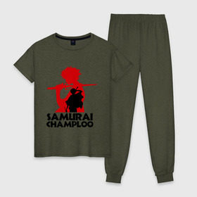 Женская пижама хлопок с принтом Самурай Champloo в Белгороде, 100% хлопок | брюки и футболка прямого кроя, без карманов, на брюках мягкая резинка на поясе и по низу штанин | anime | samurai champloo | аниме | анимэ | самурай чамплу