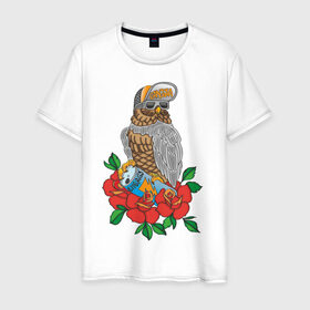 Мужская футболка хлопок с принтом Сова в кепке в Белгороде, 100% хлопок | прямой крой, круглый вырез горловины, длина до линии бедер, слегка спущенное плечо. | сова
