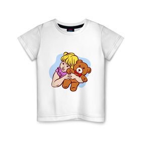Детская футболка хлопок с принтом Девочка и медведь в Белгороде, 100% хлопок | круглый вырез горловины, полуприлегающий силуэт, длина до линии бедер | детские | для ребенка | дочка | игрушка | медведь | медвежонок | мишка | мишутка