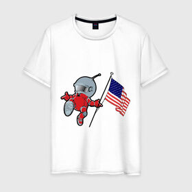 Мужская футболка хлопок с принтом космонавт в Белгороде, 100% хлопок | прямой крой, круглый вырез горловины, длина до линии бедер, слегка спущенное плечо. | американский флаг | космонавт | космос | марс | марсоход | прикольные картинки | флаг