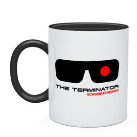 Кружка двухцветная с принтом The Terminator в Белгороде, керамика | объем — 330 мл, диаметр — 80 мм. Цветная ручка и кайма сверху, в некоторых цветах — вся внутренняя часть | Тематика изображения на принте: terminator | очки терминатор | терминатор | шварценеггер | шварцнеггер