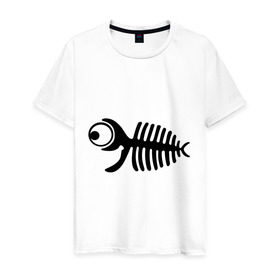 Мужская футболка хлопок с принтом Скелет рыбки в Белгороде, 100% хлопок | прямой крой, круглый вырез горловины, длина до линии бедер, слегка спущенное плечо. | скелет
