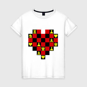 Женская футболка хлопок с принтом Шахматное сердце в Белгороде, 100% хлопок | прямой крой, круглый вырез горловины, длина до линии бедер, слегка спущенное плечо | chess | i love chess | сердце | шахматы | я люблю шахматы