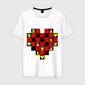 Мужская футболка хлопок с принтом Шахматное сердце в Белгороде, 100% хлопок | прямой крой, круглый вырез горловины, длина до линии бедер, слегка спущенное плечо. | Тематика изображения на принте: chess | i love chess | сердце | шахматы | я люблю шахматы
