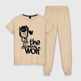 Женская пижама хлопок с принтом тамбовский волк в Белгороде, 100% хлопок | брюки и футболка прямого кроя, без карманов, на брюках мягкая резинка на поясе и по низу штанин | wolf | волк | животные
