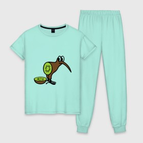 Женская пижама хлопок с принтом Птичка Киви в Белгороде, 100% хлопок | брюки и футболка прямого кроя, без карманов, на брюках мягкая резинка на поясе и по низу штанин | еда | животные | звери | птица | фрукты