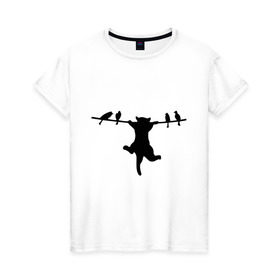Женская футболка хлопок с принтом Котенок и птички в Белгороде, 100% хлопок | прямой крой, круглый вырез горловины, длина до линии бедер, слегка спущенное плечо | 