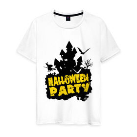 Мужская футболка хлопок с принтом Halloween party-замок в Белгороде, 100% хлопок | прямой крой, круглый вырез горловины, длина до линии бедер, слегка спущенное плечо. | halloween | halloween party замок | party | замок | праздники | хэллоуин