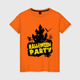 Женская футболка хлопок с принтом Halloween party-замок в Белгороде, 100% хлопок | прямой крой, круглый вырез горловины, длина до линии бедер, слегка спущенное плечо | halloween | halloween party замок | party | замок | праздники | хэллоуин