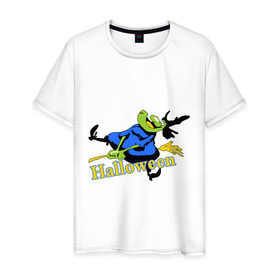 Мужская футболка хлопок с принтом Бабка на метле в Белгороде, 100% хлопок | прямой крой, круглый вырез горловины, длина до линии бедер, слегка спущенное плечо. | halloveen | halloven | hallovin | halloween | hallowin | haloween | halowen | helloven | hellovin | helloween | hellowen | hellowin | helowen | helowin | халловин | халлуин | халовин | халу | хелловин | хеллоуин | хеллувин | хеловин | хелуин | хэлловин | 