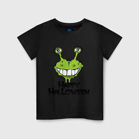 Детская футболка хлопок с принтом Happy Halloween -монстрик в Белгороде, 100% хлопок | круглый вырез горловины, полуприлегающий силуэт, длина до линии бедер | Тематика изображения на принте: hallowen | helloveen | день всех святых | хэллоуин | хэлоуин