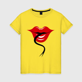 Женская футболка хлопок с принтом Змеиный язык в Белгороде, 100% хлопок | прямой крой, круглый вырез горловины, длина до линии бедер, слегка спущенное плечо | губы | девушкам | женские губы | змеиный | змеиный язык | красные губы | прикольные | язык