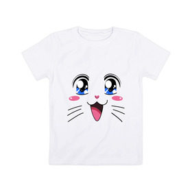Детская футболка хлопок с принтом Японская кошечка в Белгороде, 100% хлопок | круглый вырез горловины, полуприлегающий силуэт, длина до линии бедер | аниме | глаза | глазки | девушкам | киса | кот | коте | котенок | кошечка | кошка | милые создания | мордочка | японская кошечка